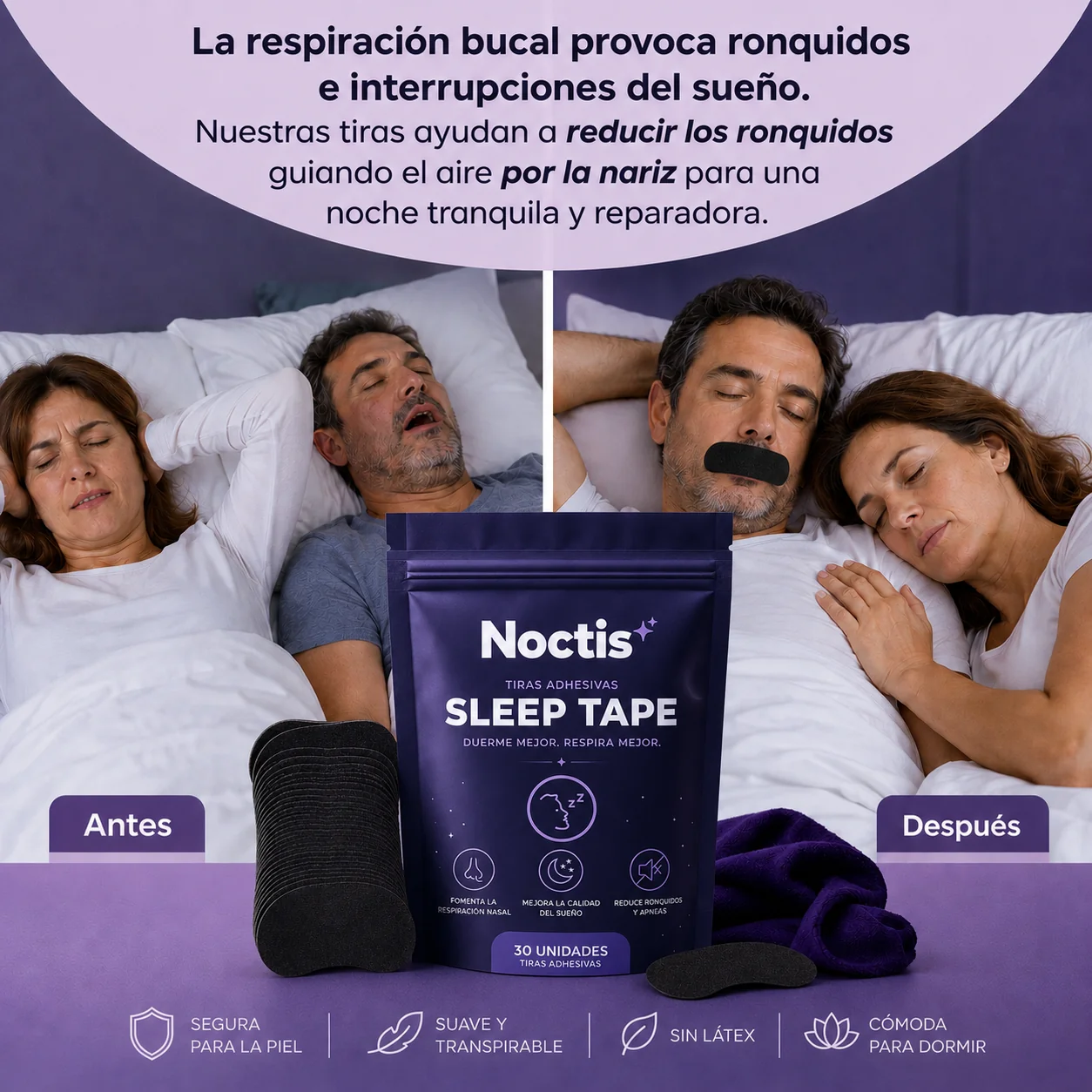 Tiras Bucales Anti-Ronquidos para un Mejor Descanso (30 uds.) | NoctisTape™