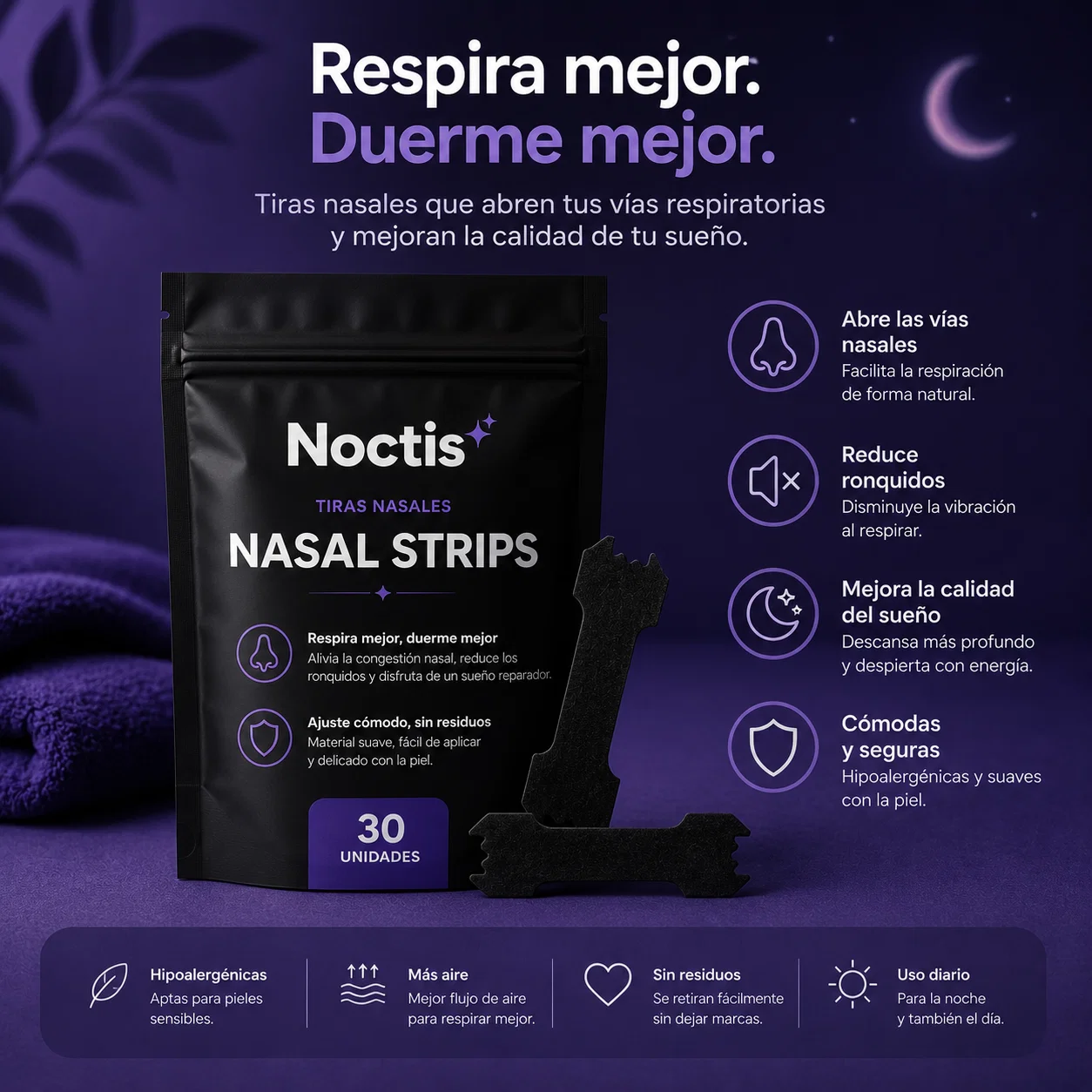 Tiras Nasales para Respirar y Dormir Mejor (30 uds.) | NoctisStrips™